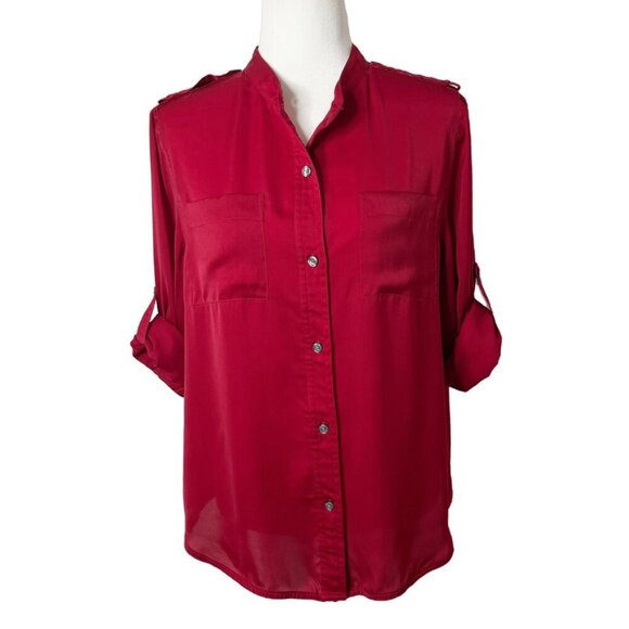 DKNYC Women's Blouse Sz M Red Button Front Top Roll Tab Long Sleeve Silky Shirt - Picture 1 of 10